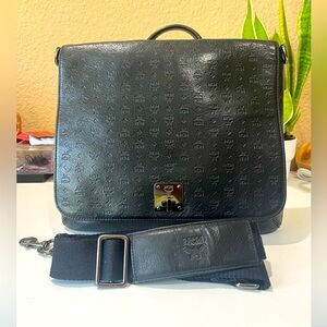 MCM BLACK EMBOSSED LEATHER MESSENGER BAG
